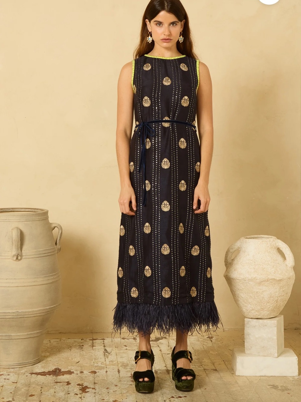 Sleeveless Navy Midi Dress with Feather Hem and Gold Motif